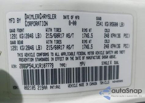 2001 Dodge Grand Caravan Es z USA, uszkodzony, nr VIN 2B8GP54LX1R107779